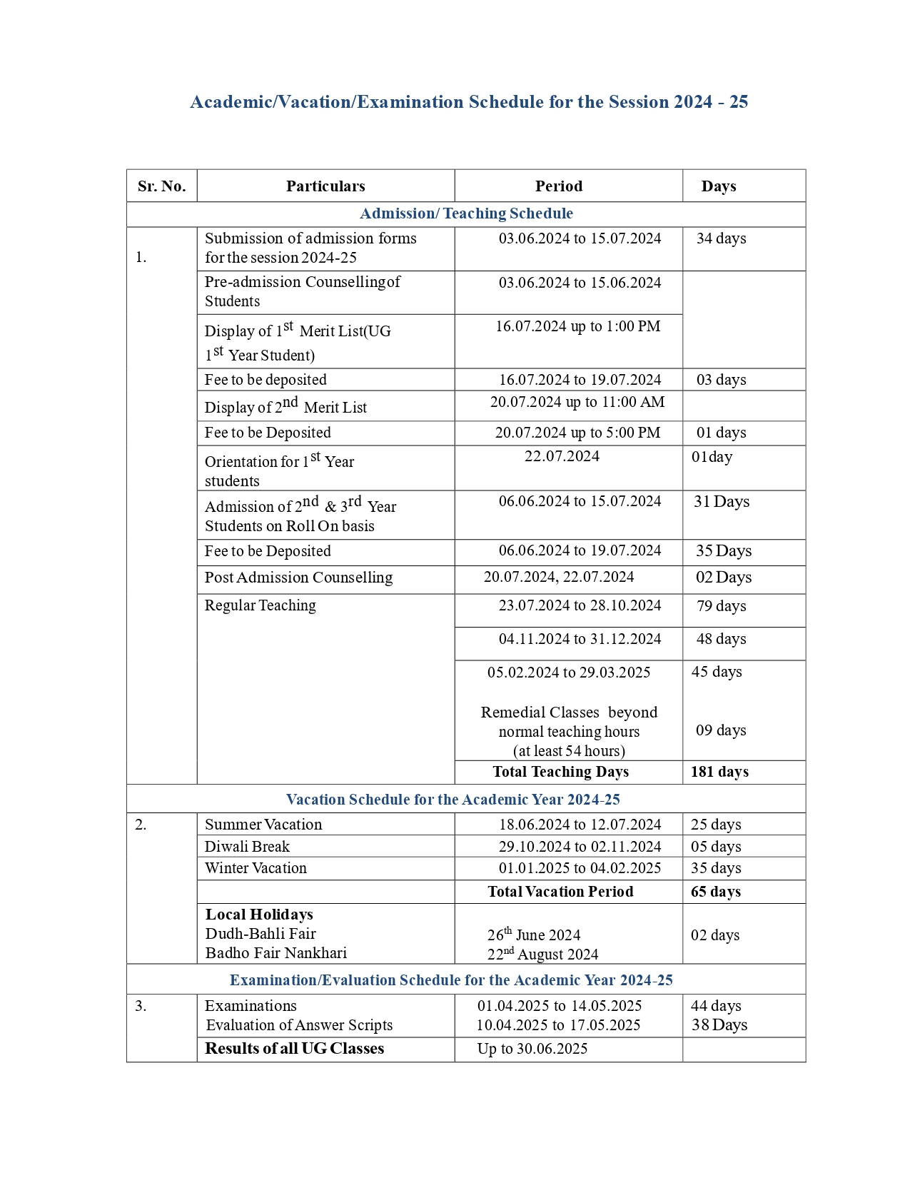 Academic Calendar